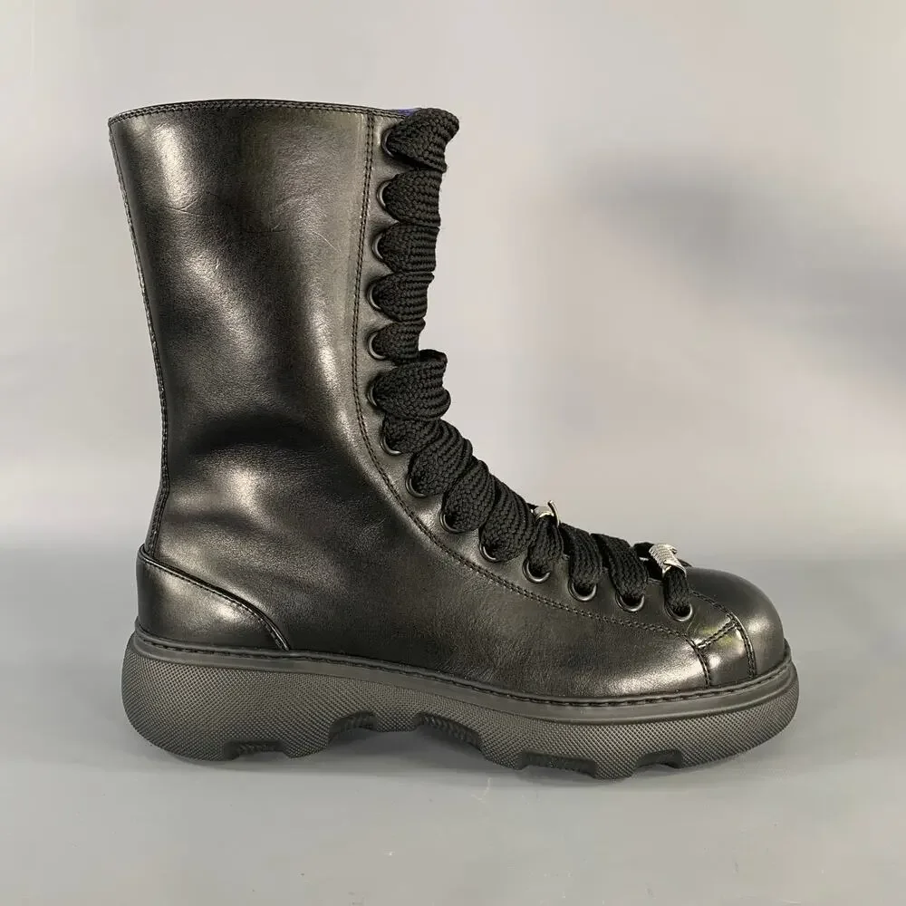 BURBERRY Size 10 Black Leather Lace Up Boots